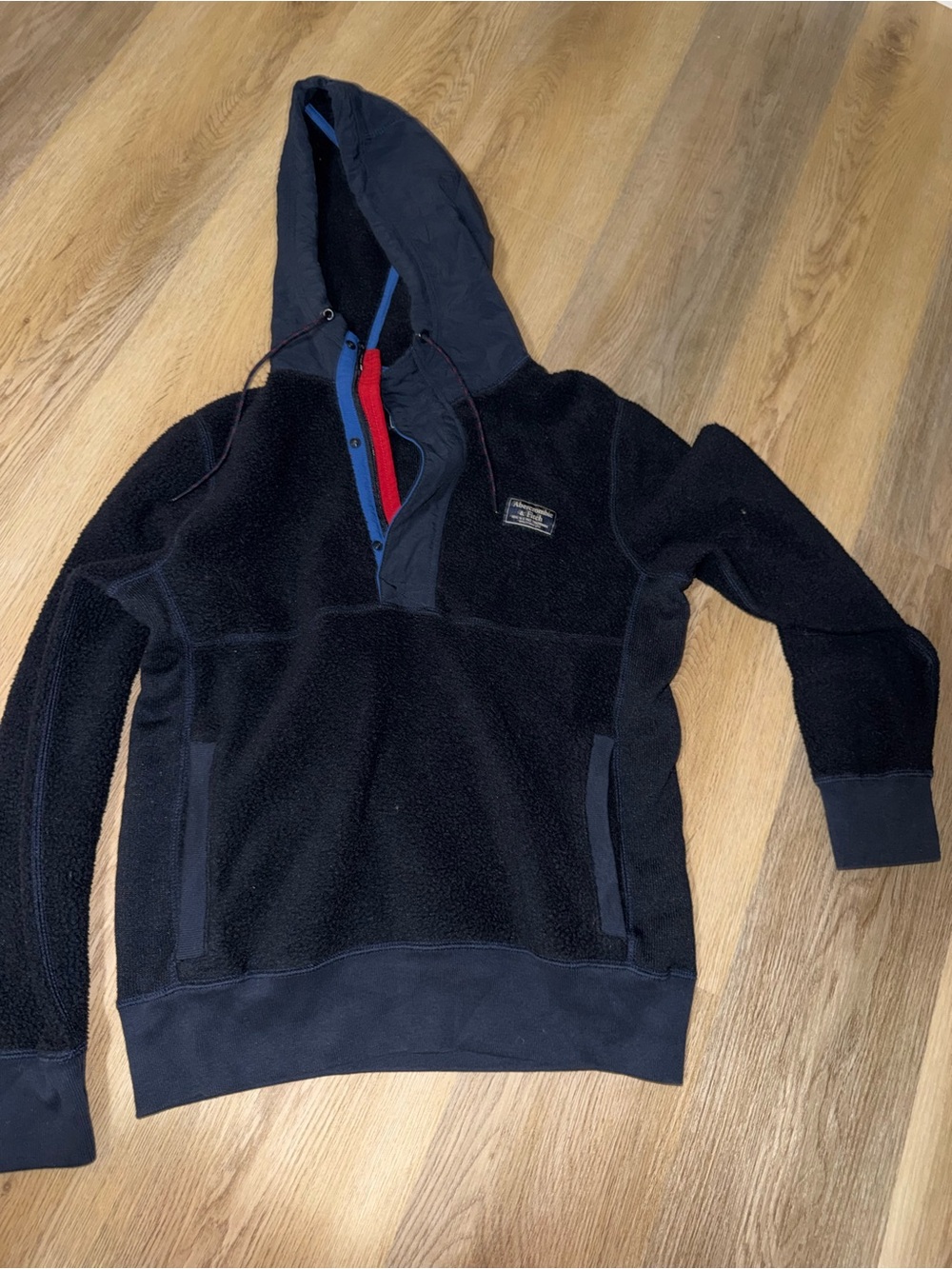 Abercrombie & Fitch Black Hooded Sherpa Zip Pullover with Red & Blue Trim